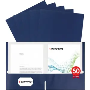 50 Pack Navy Blue Folders with Pockets, 2 Pocket File Folders for Letter Size (8.5 x 11 Inch), Professional Design with Business Card Slot for Office and School Organization