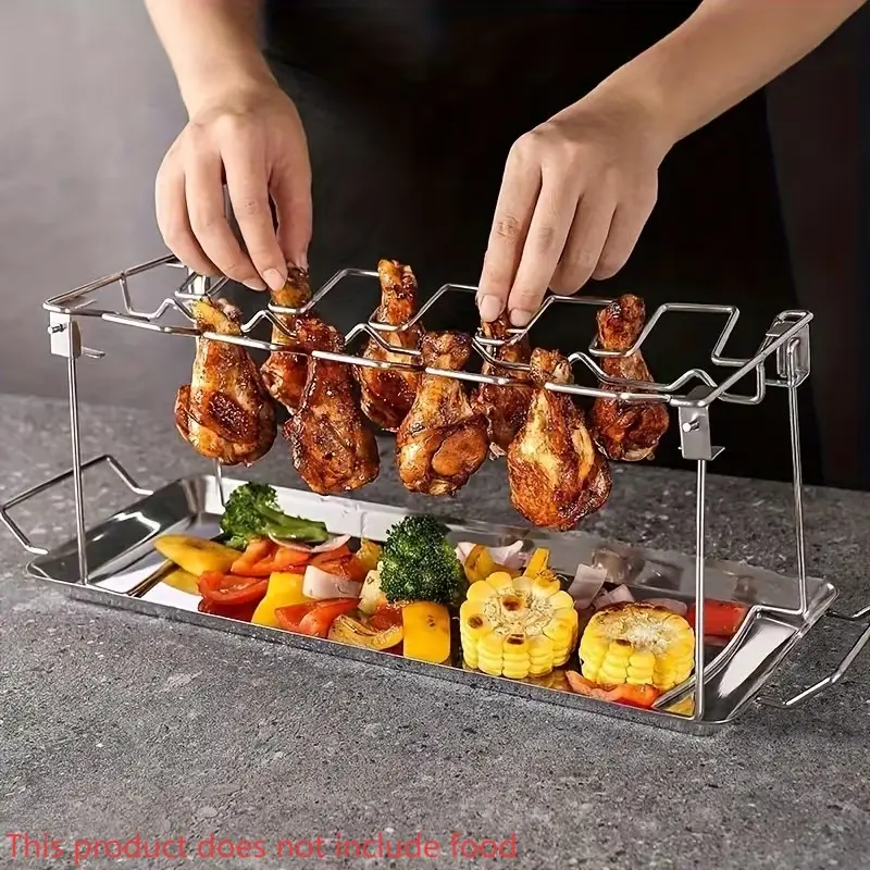 Stainless Steel Chicken Leg & Wing Rack, Foldable Vertical Roasting Stand with Drip Tray, Perfect for Grilling, Smoking and Oven Use, Easy to Store Kitchen Accessory, Ideal for Picnics, Camping and Cooking