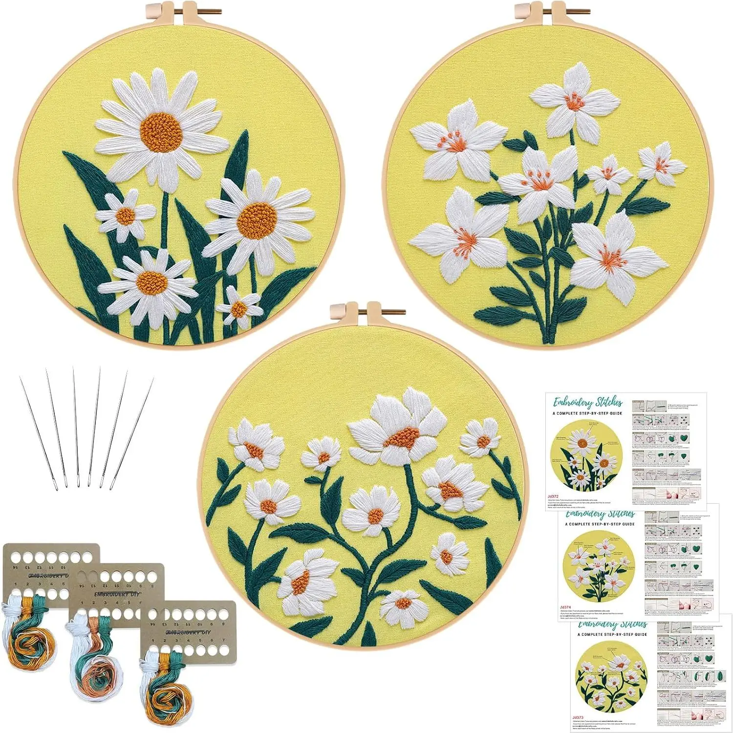 3 Pack Floral Embroidery Kit for Beginners with Supplies | Pre-printed Patterns|Hoop| Threads|Instructions|Ideal   Kits for Adults|DIY Needlepoint Kit for Starter Supplies