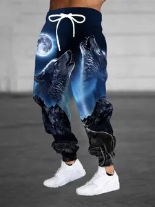 Men's Dark Night Sky Full Moon Wild Wolf Print Sports Pants, High Street Style Loose Fit Elastic Waist Long Pants, Versatile Joggers