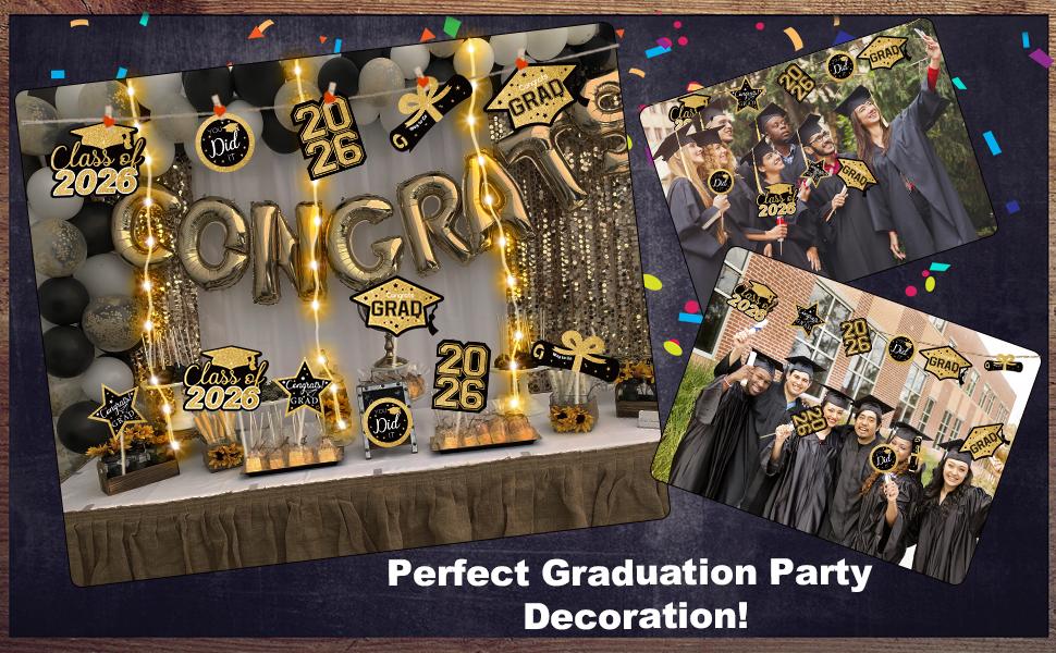 Graduation Decorations Class of 2026-30pcs Black and Gold Graduation Table Centerpieces Sticks Table Toppers with Lights for College High School Congrats Grad Party Supplies