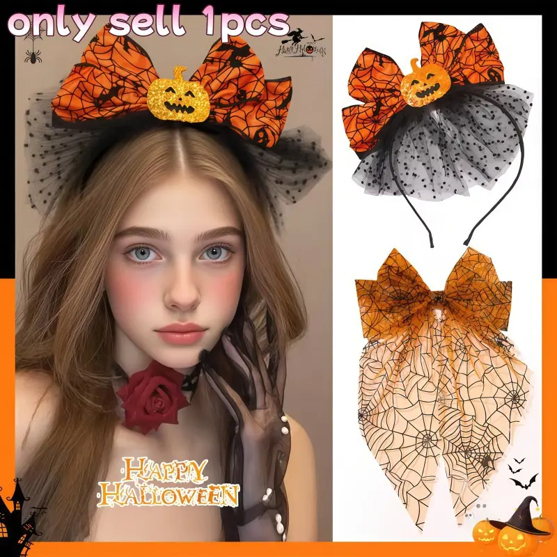 Halloween Pumpkin Headband, Spider Web Bowknot with Glitter Pumpkin, Net Lightweight, Perfect for Parties and Cosplay