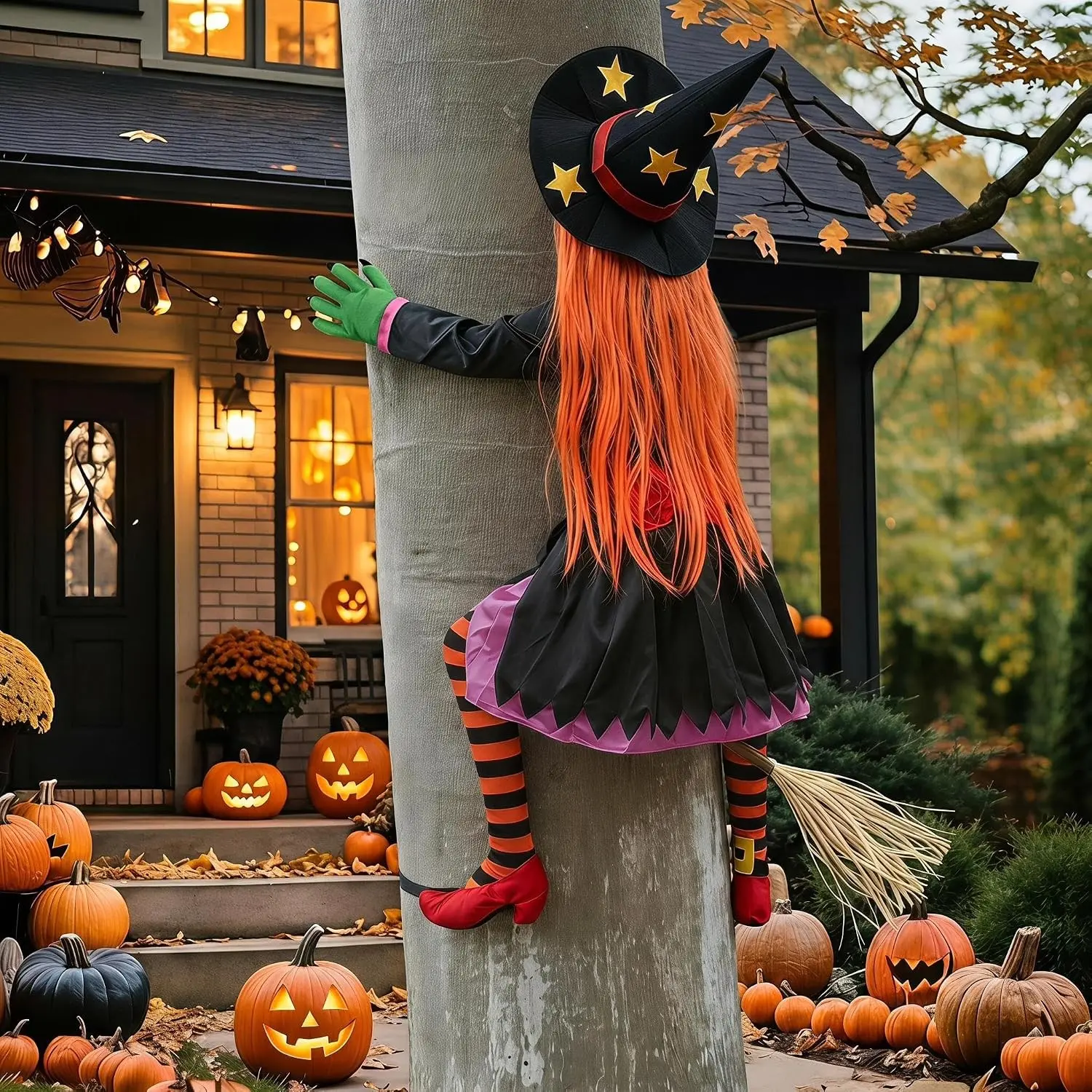 Halloween Decorations Outdoor,Crashing Witch into Tree Flying Yard Prop Halloween Decor Outdoor Flying Witch into Tree, Flying Witch Yard Prop for Porch Lawn Garden, Hanging Haunted House