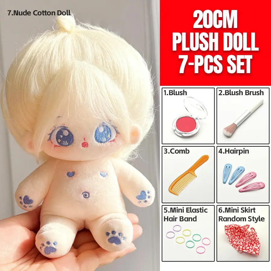 Cute 20cm Plush Doll Xiaoxue, Hair, Soft Plush Toy Set with Makeup Accessories, Skirt, Hairclip, Comb, Desktop Decor, Collectible Gift