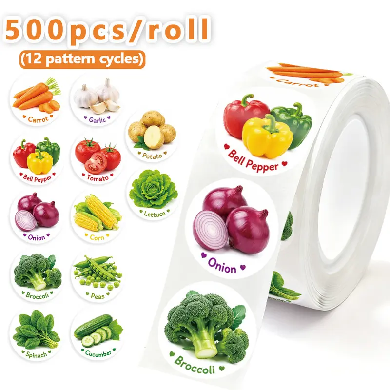 500 stickers/roll vegetable and fruit stickers, colorful cartoon vegetable stickers, self-adhesive decorative stickers, DIY identification stickers, Cute stickers