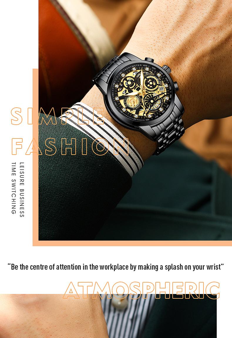 Men's Luxury Gold Skeleton Quartz Watch - Fully Iced Out Diamond Encrusted Wristwatch with Chronograph Tachymeter, Date Display, Stainless Steel Band, Perfect Gift for Him