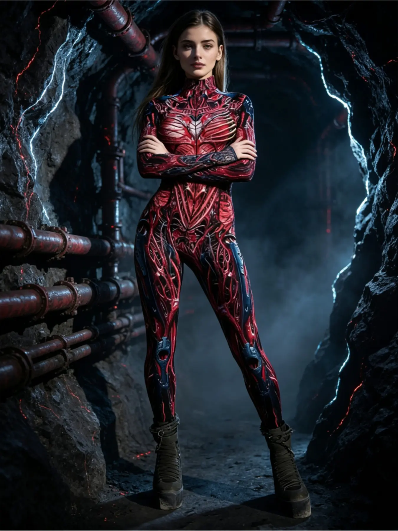Cyberpunk Bio-Muscle Texture Print Cosplay Bodysuit, Halloween Costume, Music Festival, Comic Con, Role Play