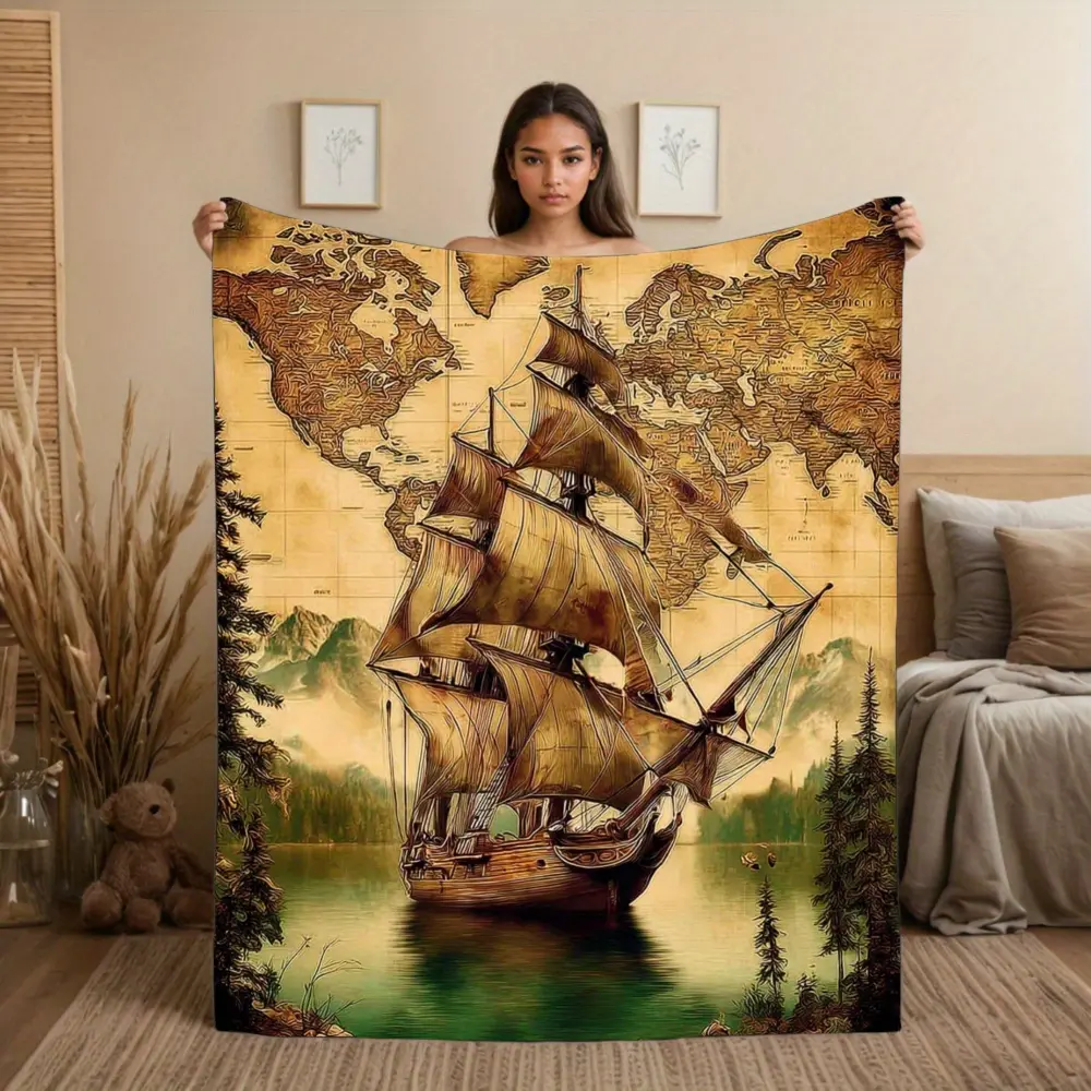1pc Pirate Ship Map Flannel Throw Blanket Soft Cozy Polyester with Digital Design All Season, Throw Blanket for Couch, Christmas Halloween Blanket & Travel Blanket. Perfect for Sofa, Bed, Office, Home Decor Great Birthday Holiday Gift