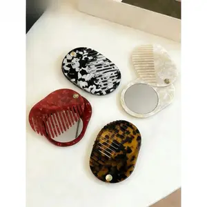 Female Mermaid Acetate Oval Mirror Comb - Anti-Static Wide-Tooth Hair Styling Detangling Brush with Sliding Cover, for Daily Hair Care & Outdoor Sports Carry