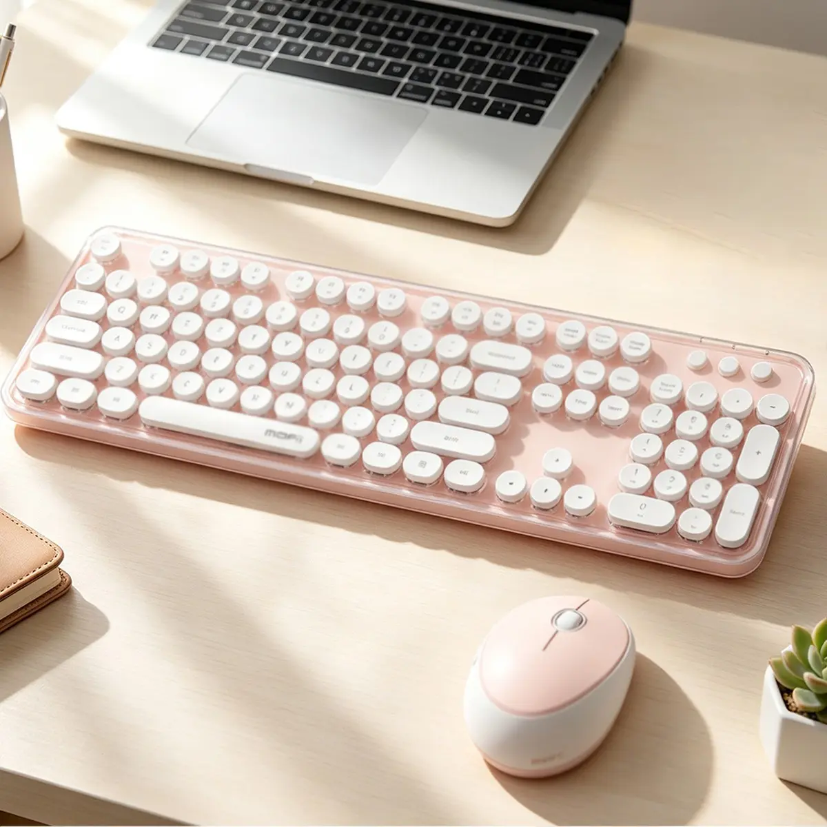 MOFii Sweet Pink & White Retro Round Keycaps Wireless Keyboard and Mouse Set, 2.4G Wireless Cute Office Combo, Compatible with Desktop & Laptop