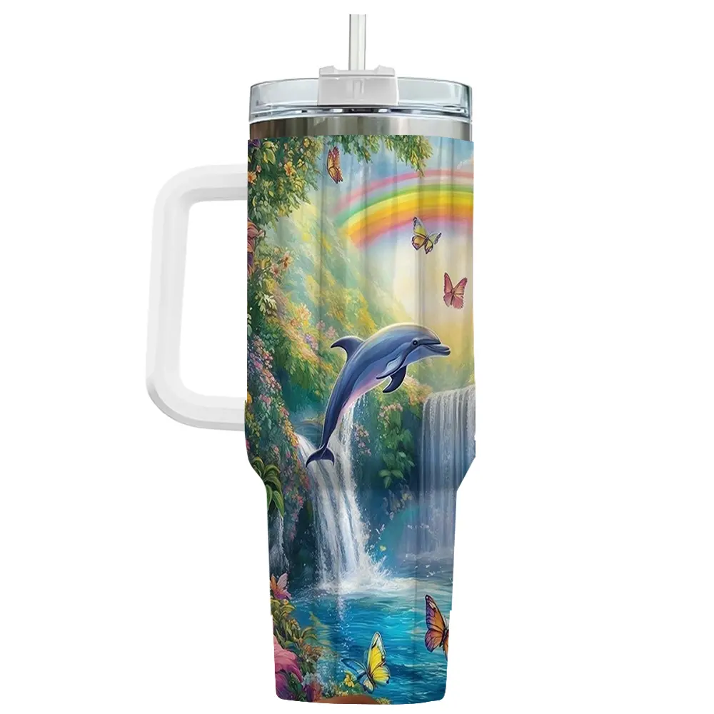 40oz BPA-Free Animal Graphic Travel Mug with Handle & Straw, Casual Daily Dolphin Waterfall Rainbow Drinkware for Cars & Outdoor Sports, Nature-Themed Birthday Summer Gift, Steel