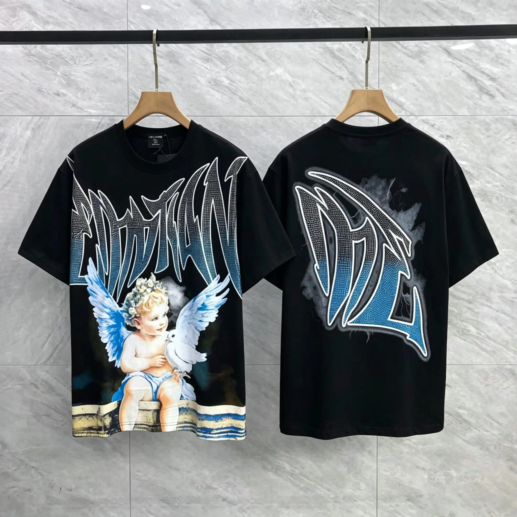 Mixed Emotion Cherub Angel Rhinestone Graphic T-Shirt Gradient Gothic Logo Vintage Streetwear Oversized Y2K Hip Hop Tee