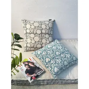 Handblock Printed  Indian  Decorative Throw Pillow Covers, Set of 2 ( Turquoise Grey, 18" x 18" (Pack of 2))