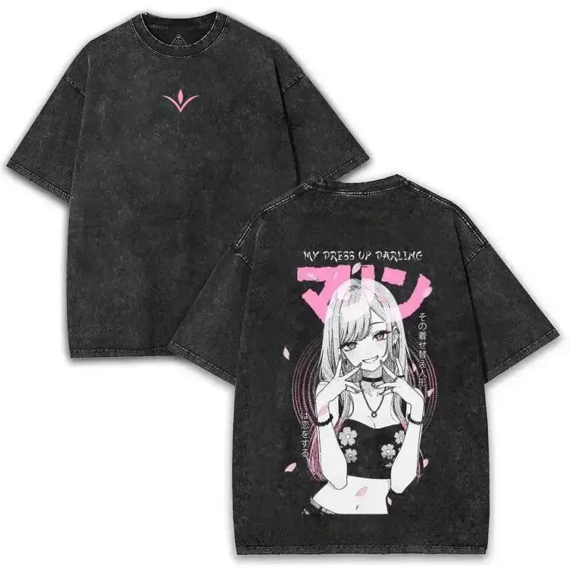 [KM 100%cotton]men's t shirts My Dress-Up Darling Marin Kitagawa 230GSM Heavyweight Washed Oversized T-Shirt, Pink Sakura Back Print Anime Waifu Graphic Tee,funny graphic tee,funny shirts men,humor graphic tee Streetwear,graphic tee humorous tshirt