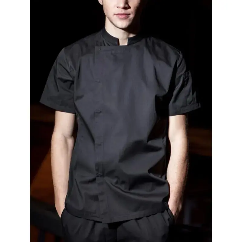 Men's Lightweight Chef Uniform Breathable Short Sleeve, Stand Collar, Oil & Stain Resistant for Restaurants Clothes Black