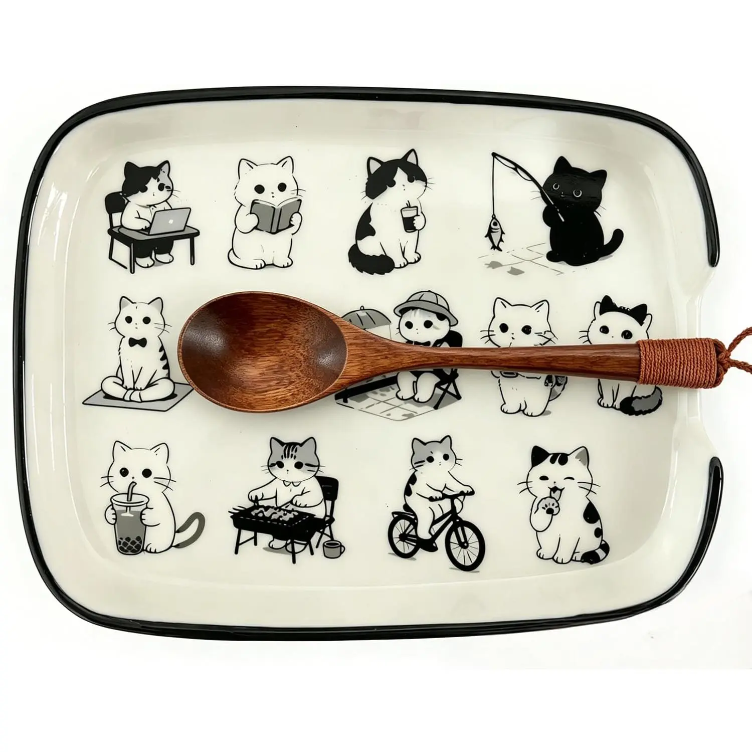Cute Cat Ceramic Spoon Rest for Stove Top for Kitchen Counter| Heat Resistant Large Spoon Holder for Cooking Utensil Rest Spatula, Farmhouse Kitchen Decor Gift for Women,Cat Lovers