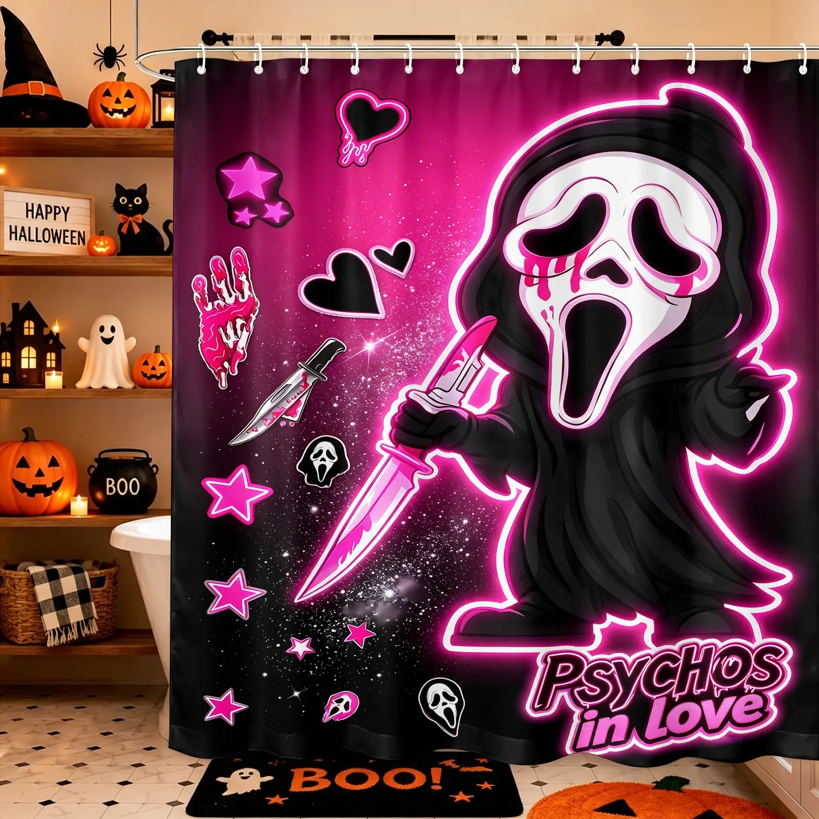 Rose Pink Neon Pastel Goth Chibi Blade-Wielding Ghostface Shower Curtain, Waterproof Oxford Fabric with 12 Hooks Easy Install, Privacy Bath Curtain, Halloween or Fans Home/Dorm/Gaming Room Bathroom Decor