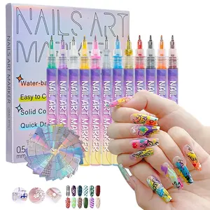 12-Color 0.5MM 3D Nail Polish Pen + 24 Reusable Stencil Stickers Set - Quick-Dry Acrylic Nail Art Marker, Dotting & Graffiti Tool for Drawing Lines, Decoration & Design, Home DIY Nail Art Kit