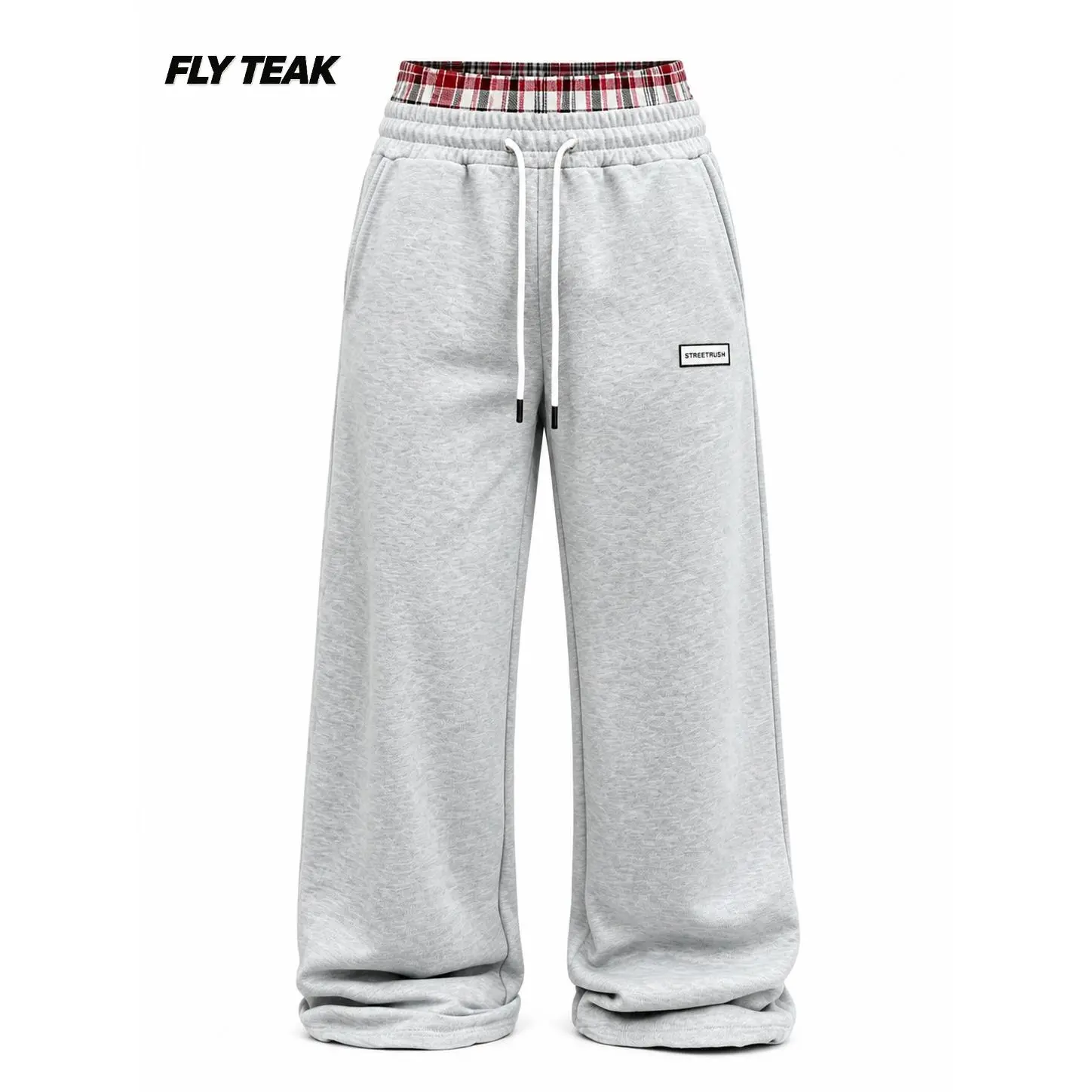 FlyTeak Menswear Men's Double-Plaid Loose Waistband Baggy Wide-Leg Sweatpants - Adjustable Drawstring, High-Drape Stretch, All-Seasons Oversized Joggers for Daily Casual Streetwear