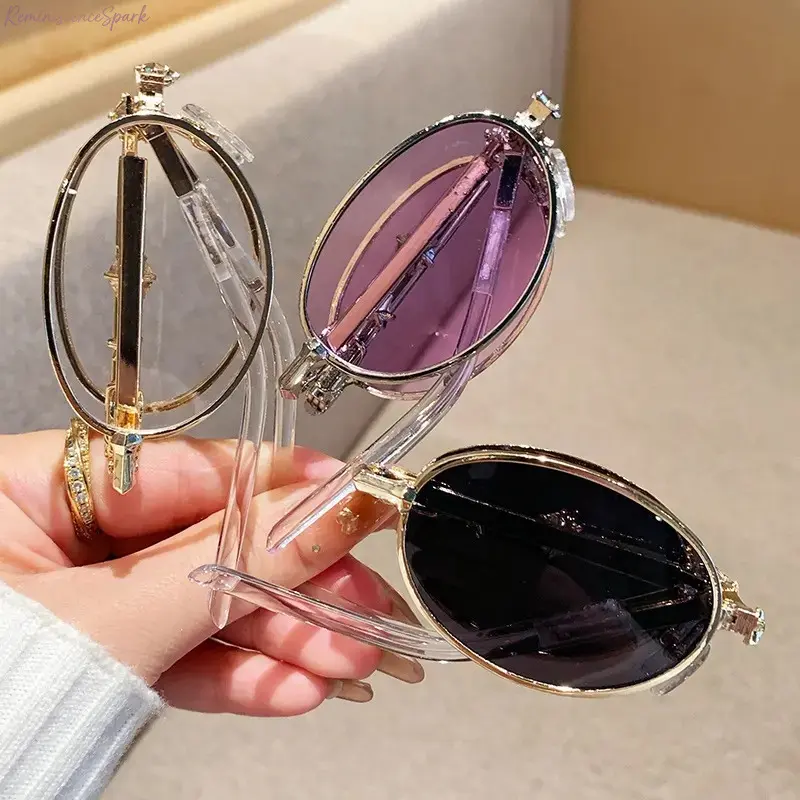 Unisex Foldable Mini Oval Retro Sunglasses, Metal Frames with Transparent Temples, UV400 Protective Compact Fashion Shades. Portable Daily Accessory for Streetwear Outfits, Theme Parties, Travel Trips & Casual Outdoor Styling