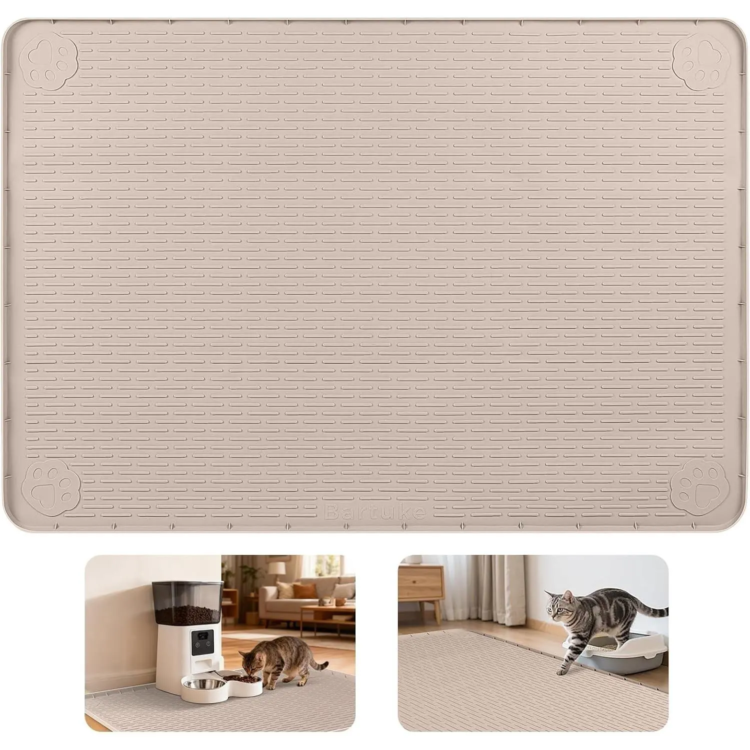 Extra Large Silicone Cat Food Mat - 50" x 35" Non-Slip Pet Placemat with Raised Edge, Easy Cleanup, Floor Protection for Food & Water Bowls (Khaki)