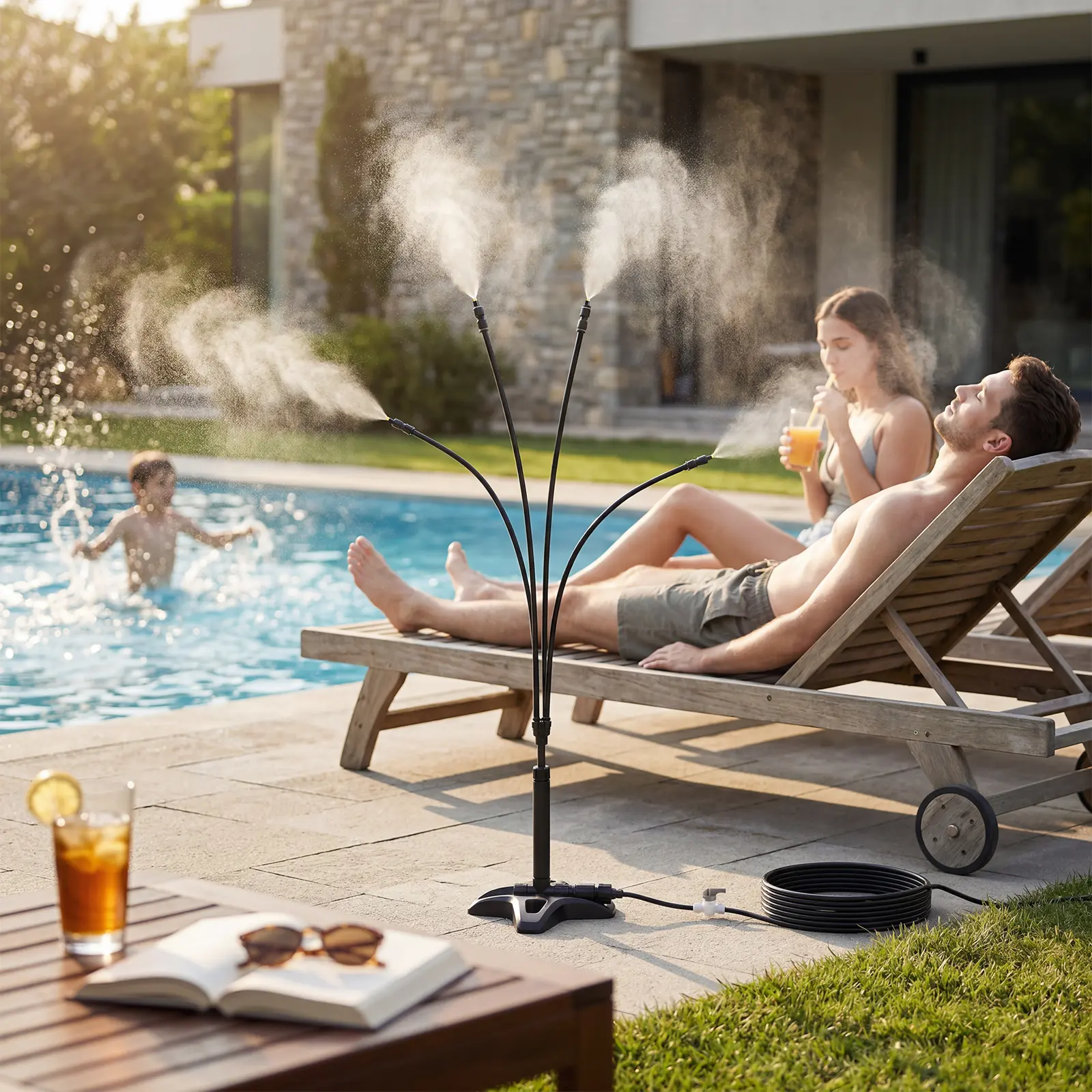 Outdoor Patio Misting Cooling System, 4 Adjustable Mist Nozzles with 29FT Flexible Hose, Built-In Water Control Switch, Expandable Design for Backyard, BBQ & Poolside sohochic
