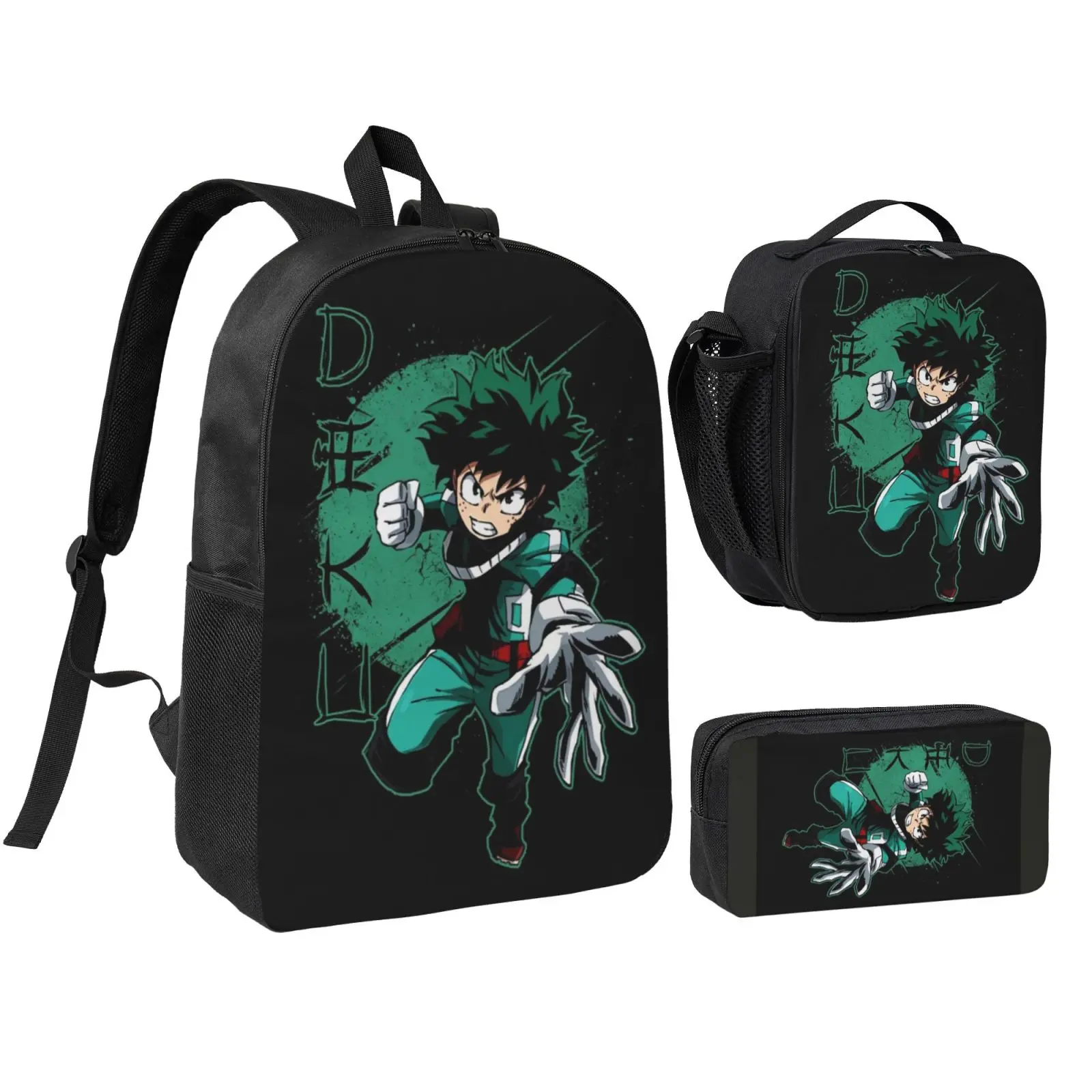 Unisex Anime Deku1 Polyester 3-Piece School Bag Set - Cute Print Character Art Backpack with Waterproof Lunch Bag, Pencil Box, Adjustable Straps for Teens (Kids' School, Office Travel Use)