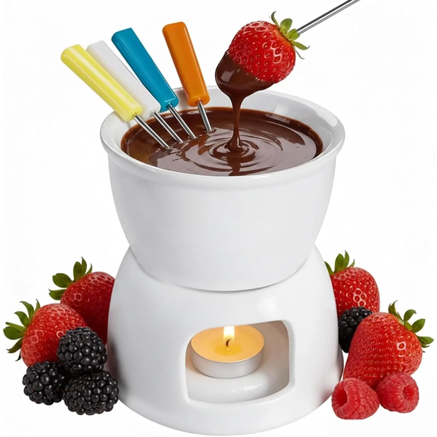 Fondue Set with 4 Color Forks, Premium Tea Light Porcelain Melting Pot for Cheese, Chocolate and Tapas - White