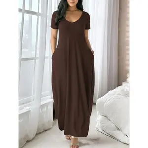 Women's long coffee-colored home dress, casual fit style, large round neck, short sleeves with pockets, soft fabric, suitable for everyday wear in all seasons