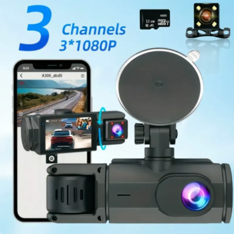 3 Lens Car Dvr Camera, Front Rear Interior Recording, WiFi Connect, 32GB Card Included, Loop Recording, Car Security Monitor