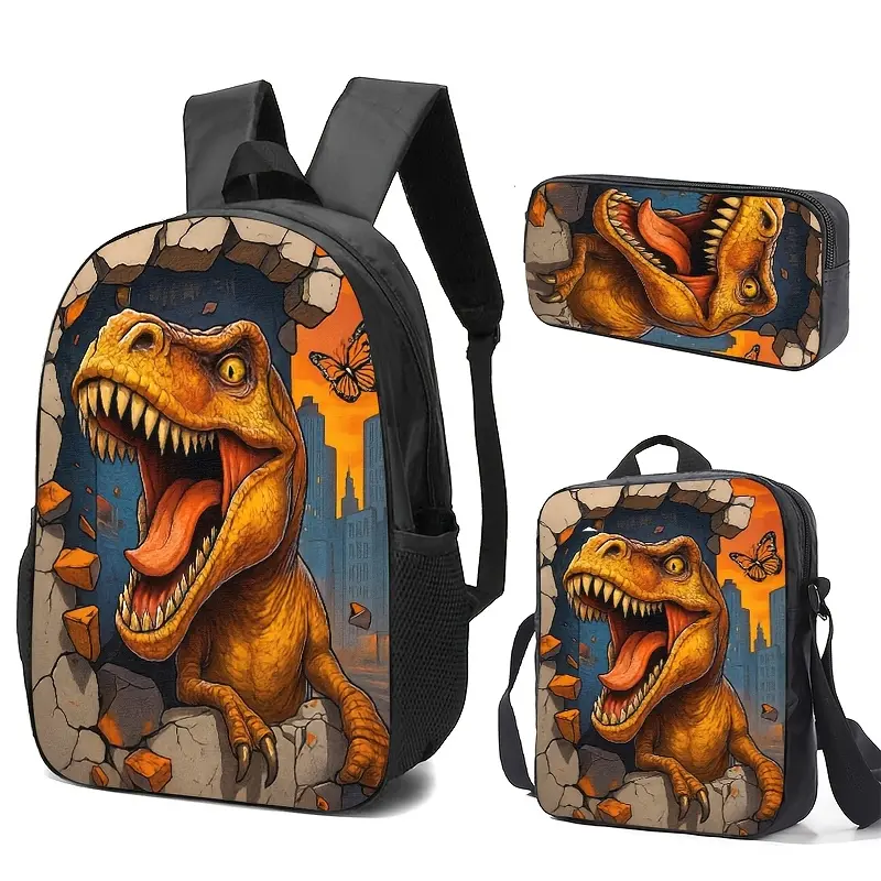 Dinosaur-Themed Set Backpack, Pencil Case, Lunch Box with Vibrant Print, Adjustable Straps, Durable Material, Suitable for Daily Use Or Outings