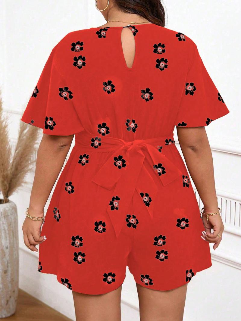 【Plus Size】 Floral Print Rompers, Womenswear Casual Fashion Short Sleeve Romper for Daily Outdoor Wear, Women's Plus Clothing for All Seasons