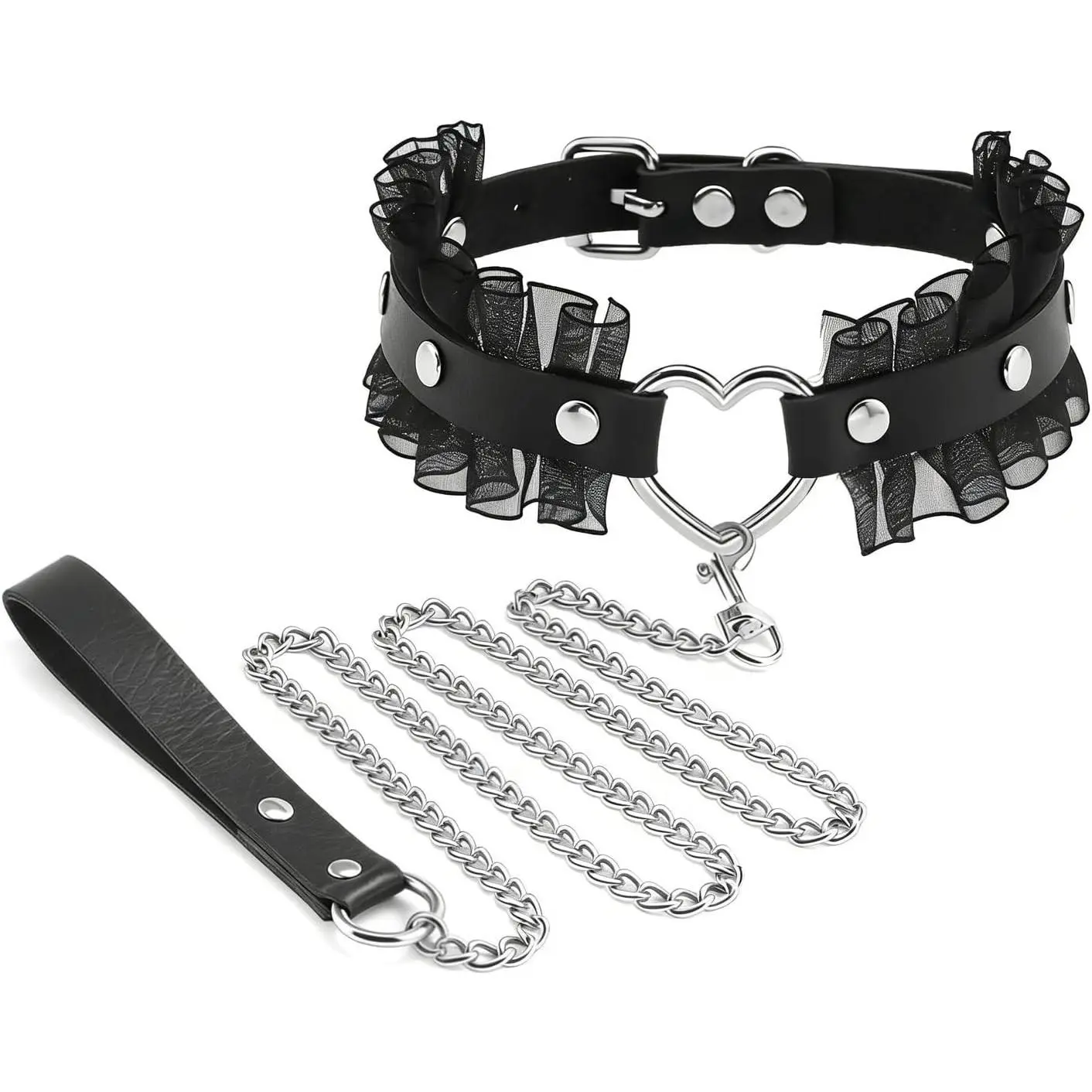 Heart Motif Lace-Edged Collar and Chain Leash Set, 2PCS Cosplay Rave Accessories for XS-M Pet Cats & Dogs (Black)