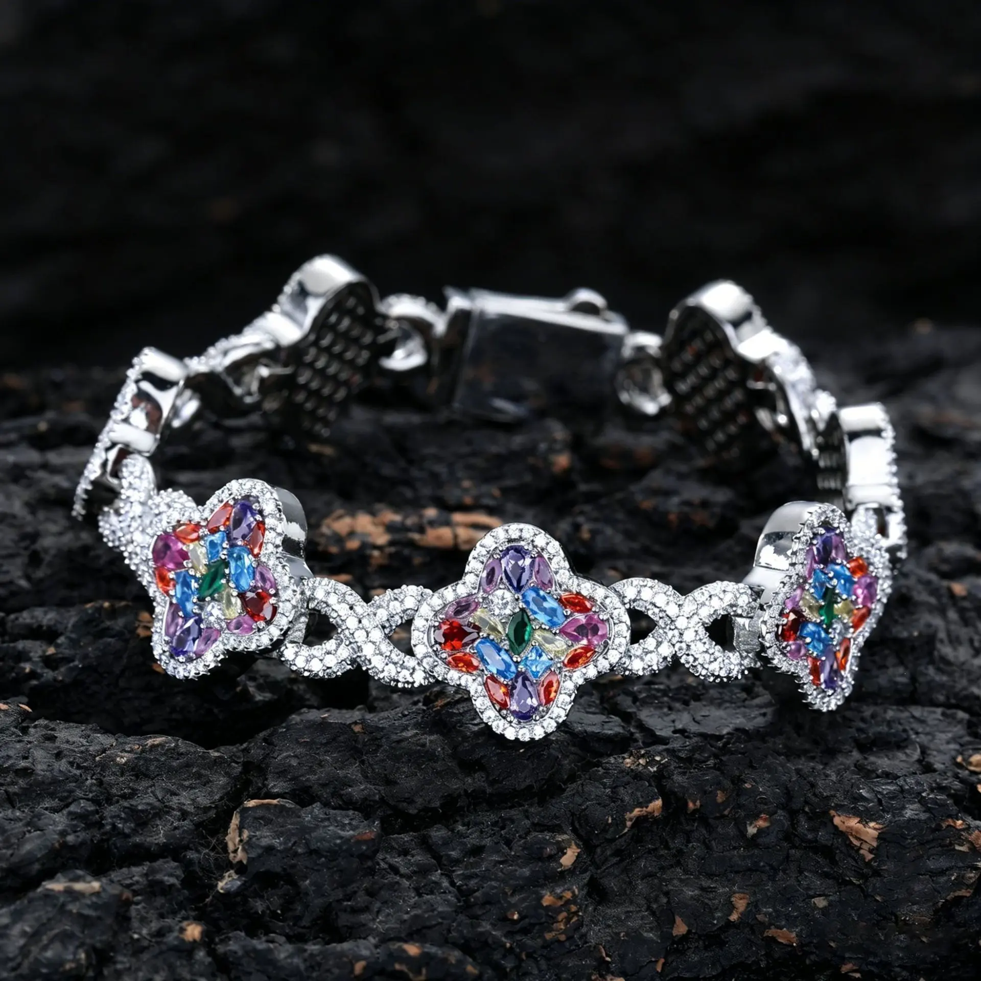 Loveden Hip-Hop Rap Bracelet - Infinity, 4-Leaf Clover, Star-Shaped Designs, Multi-Color Fully Inlaid High-End Fashion Costume Jewelry Accessory