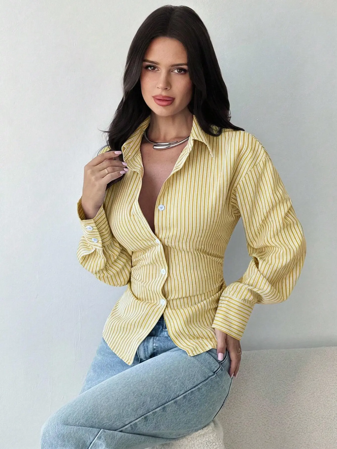 Women's Slimming Long Sleeve Striped Button-Down Shirt, Office Wear Top with Waist Cinch and Curved Hem, Elegant Business Casual Blouse