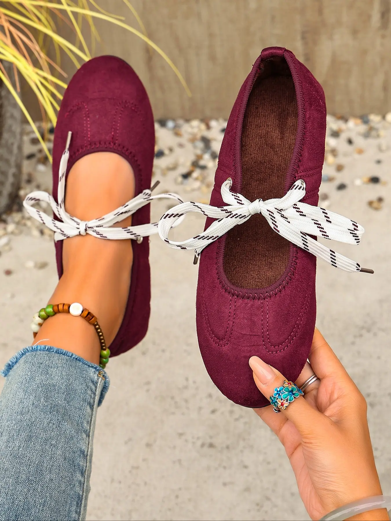Vintage Faux Fur Low Heel Flat Shoes, V-Shape Cutout with Striped Ribbon Bow, Casual Office Wear, Slimming Effect, Soft Style, Balletcore Flats