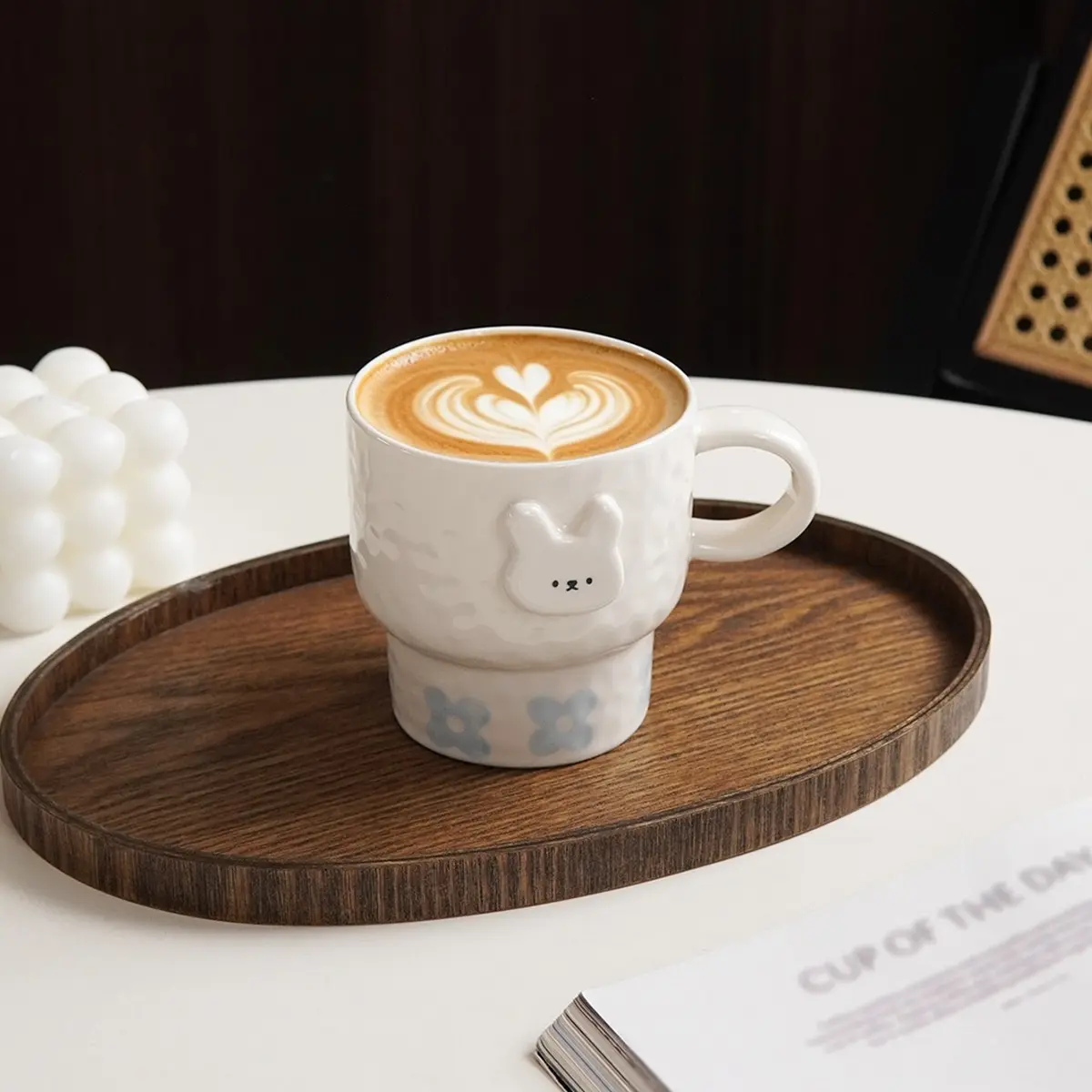 Handmade Ceramic Rabbit Cup, Blue Floral Embossed Rabbit Mug, Home Decor and Tableware, Living Room, Bedroom, Office Drink Cup, Gift, Party Cup