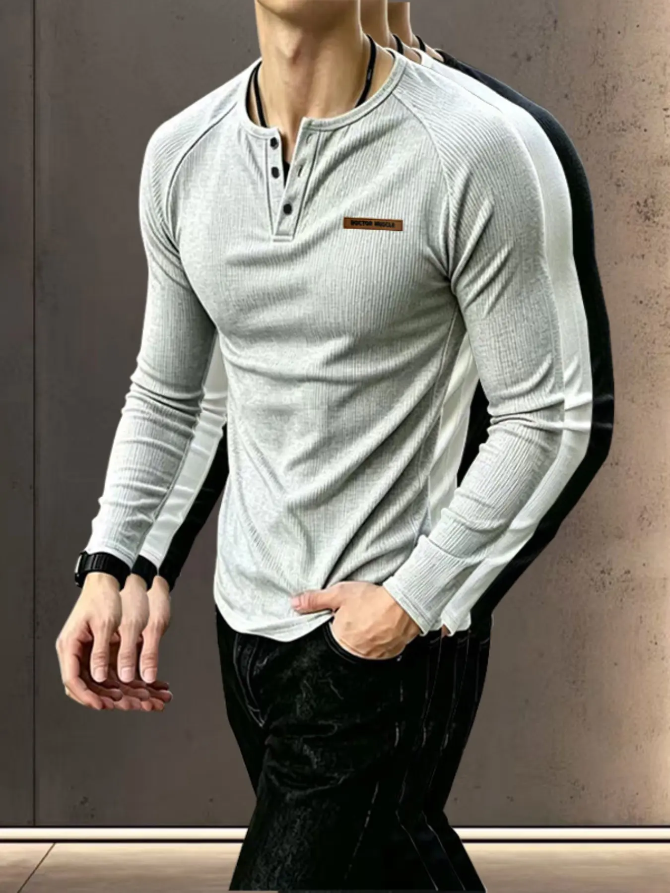 Slim Fit Waist Henry Shirt Short Sleeve Men Summer Ice Silk American Style Muscle Long Sleeve T-Shirt Gym Underwear Three-Piece Set