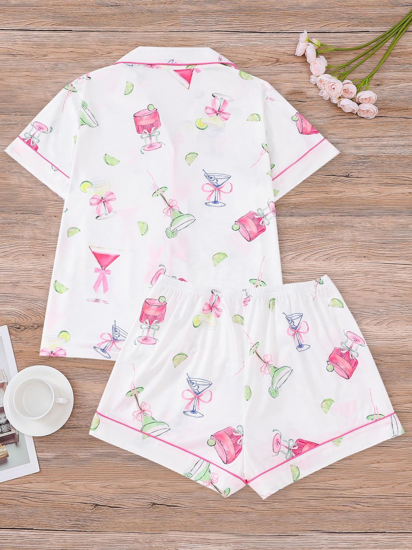 Women's All Over Cocktail Print Button Front Shirt & Elastic Waist Shorts Pyjama, Casual Comfy Short Sleeve Top & Shorts PJ Set, Ladies Sleepwear for All Seasons, Loungewear, Sleepwear Pajamas Set