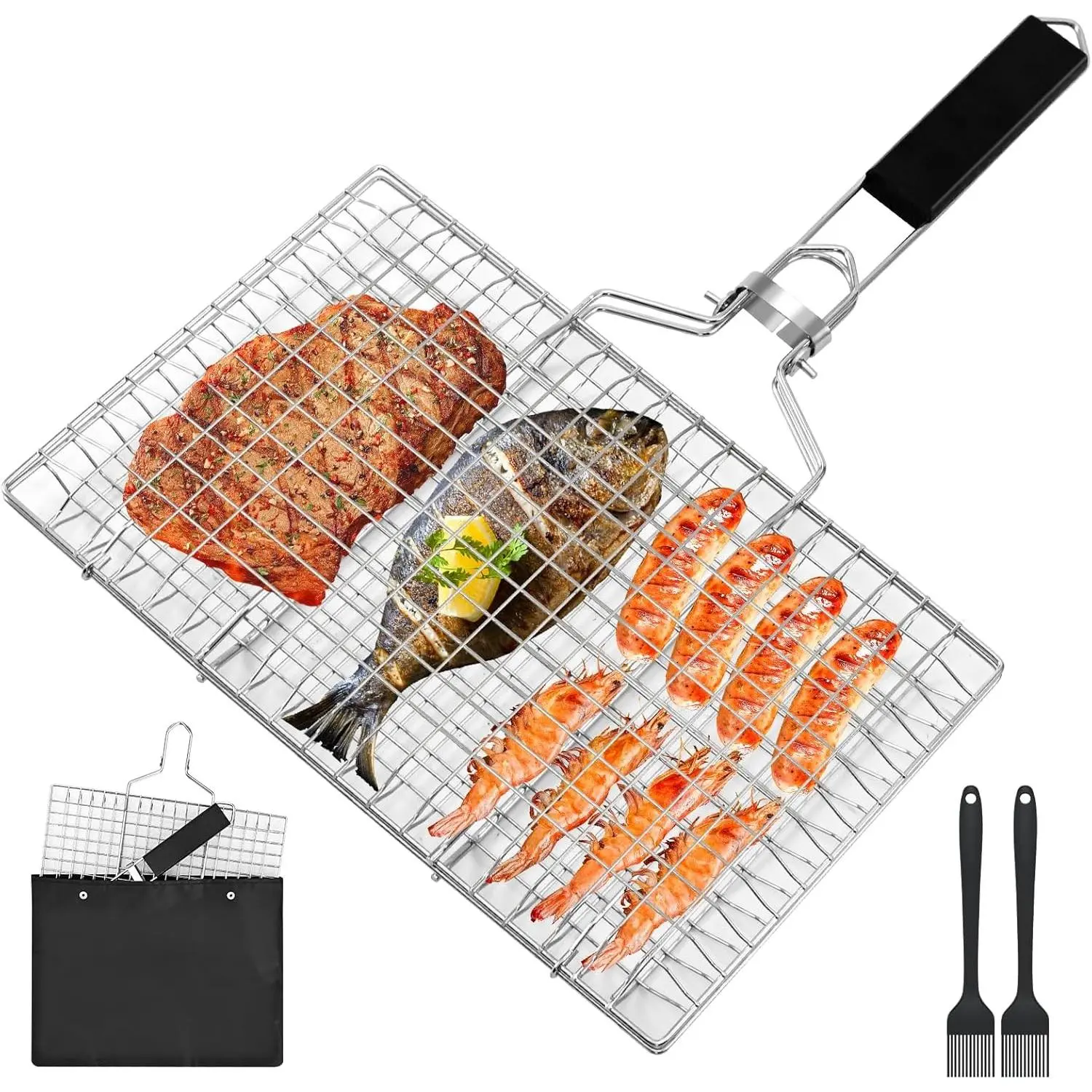 Fish Grill Baskets，Folding Portable Fish Grilling Rack For Grill, BBQ Grilling Basket, Stainless Steel Grill Basket For Veggies, Shrimp, Meat Cook，Come With Storage Bag and Two Basting Brush