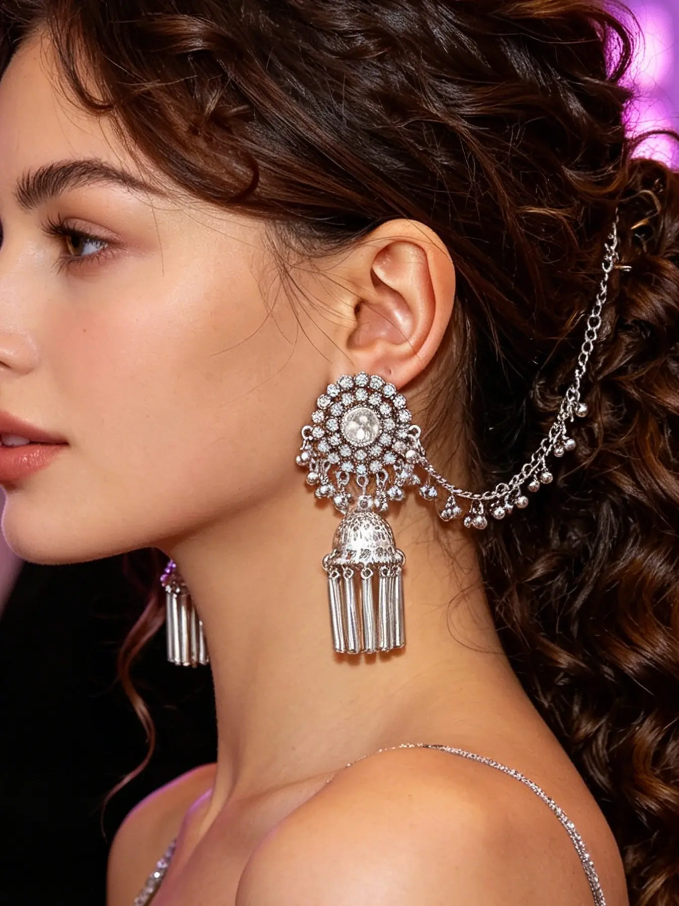 Vintage Silver Color Jhumka Earrings with Maang Tikka Chain, Indian Ethnic Tassel Bell Earrings, Bohemian Travel Photo Jewelry