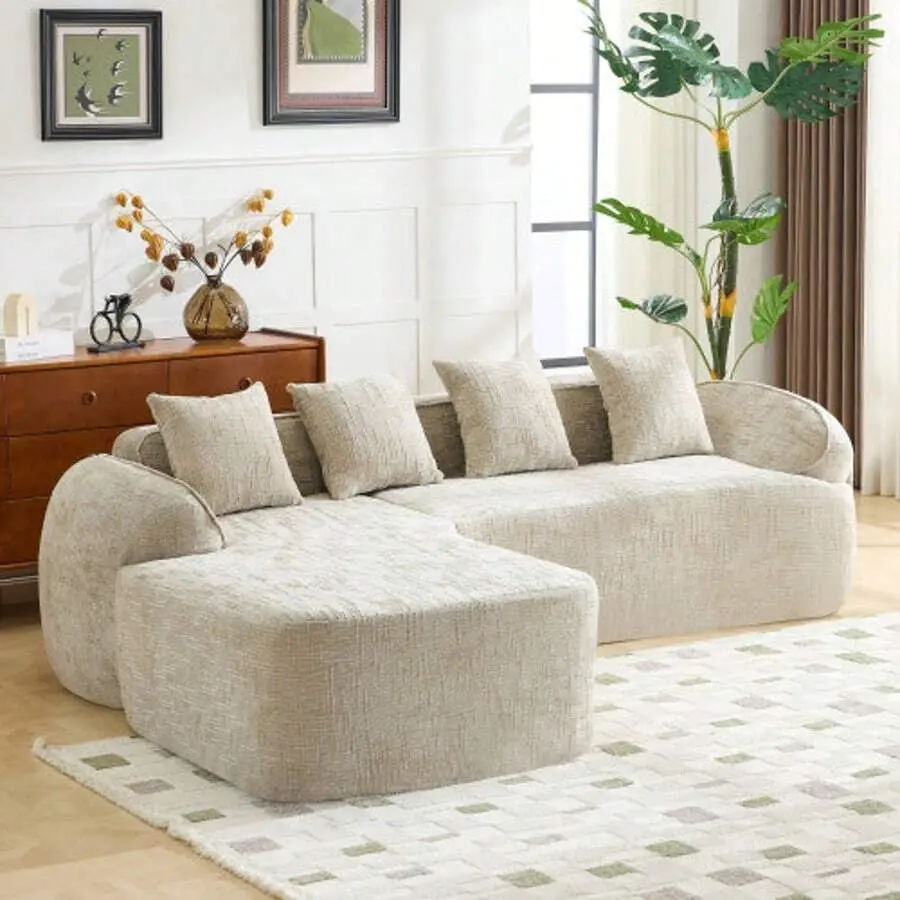 L-Shaped Chenille Compressed Sofa Couch With Curved Armrests And 4 Throw Pillows, Sectional Cloud Couch With Elastic Sponge, Modern Living Room Modular Boneless Sectional Sofa Apartment, Bedroom, Room, No Assembly Required