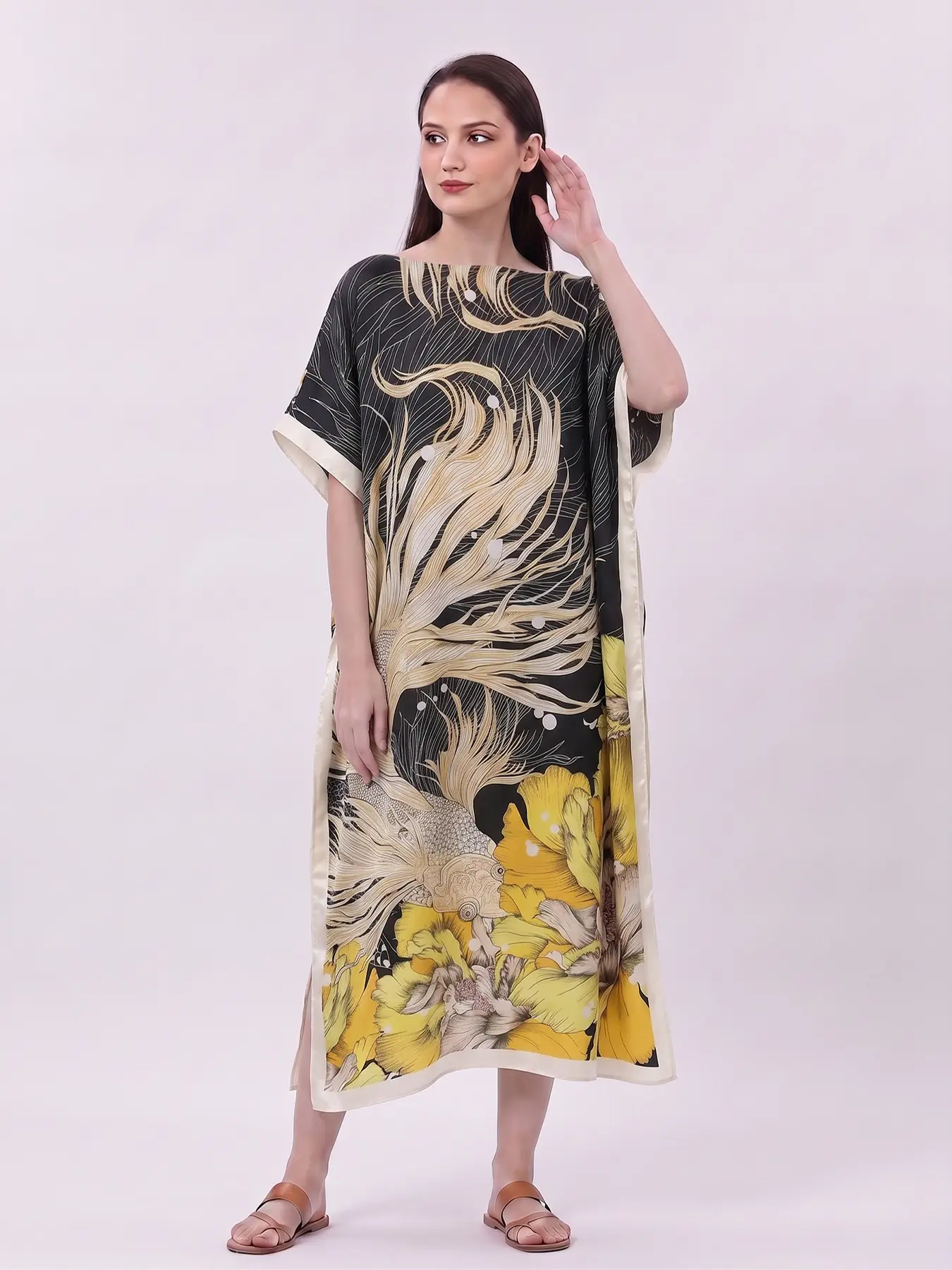 Artistic Goldfish and Floral Print, Silk-Like Resort Wear, Loose Fit Maxi Dress Beach Cover Up Golden Yellow Artistic Kaftan, Silky Smooth Lightweight Resort Wear, Elegant Casual Long Dress