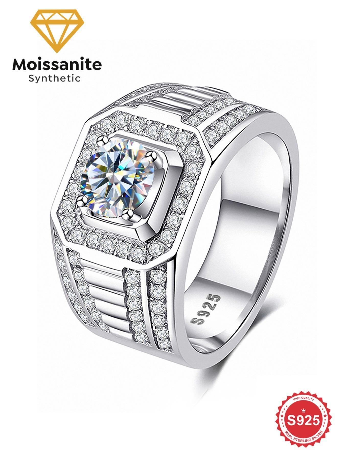 925 Sterling Silver Men's Elegant Synthetic Moissanite Ring, Cuban Moissanite Ring, Solitaire Ring, Exquisite Trendy Engagement Ring, Fashionable Jewelry Accessories for Men As Wedding Gift