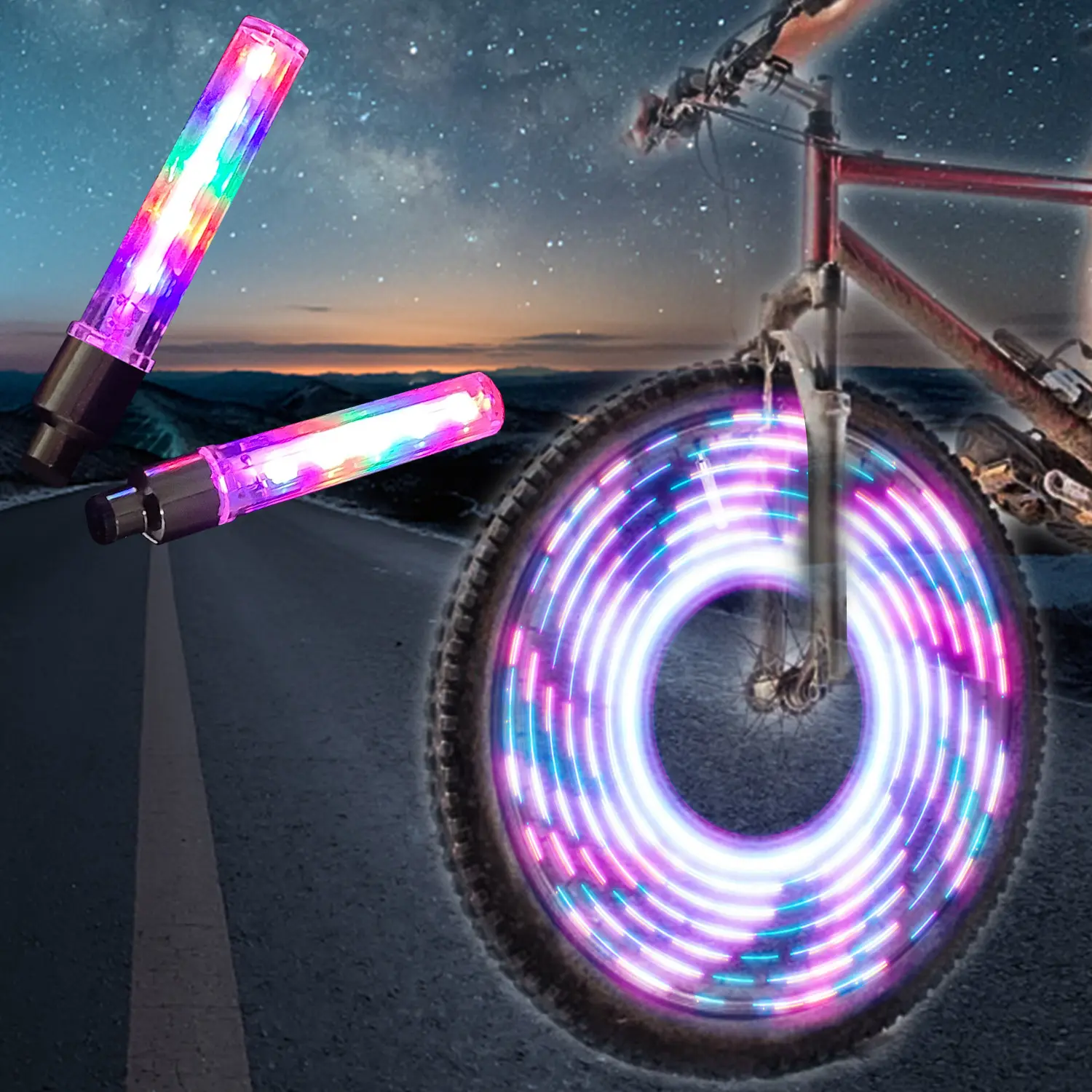 2 Pack Bike Wheel LED Light 7 Lighting Modes Colorful Bicycle Tire Valve Light Night Riding Safety Warning Light Cycling Accessories