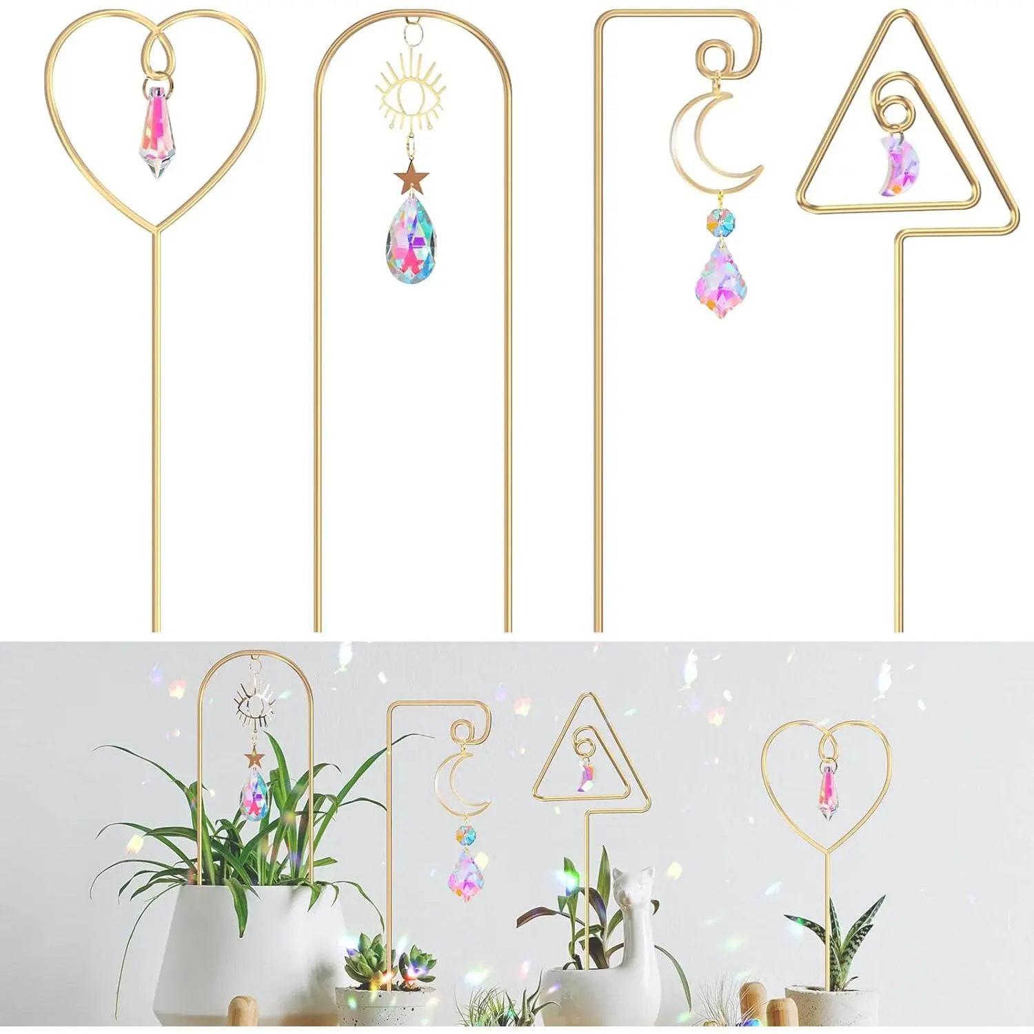 14.17 Inch Small Trellis for Potted  Indoor Outdoor | 4 Pack Metal  Lattice with Colorful  Sun Catcher for Mini Potted Decoration for  Window Garden