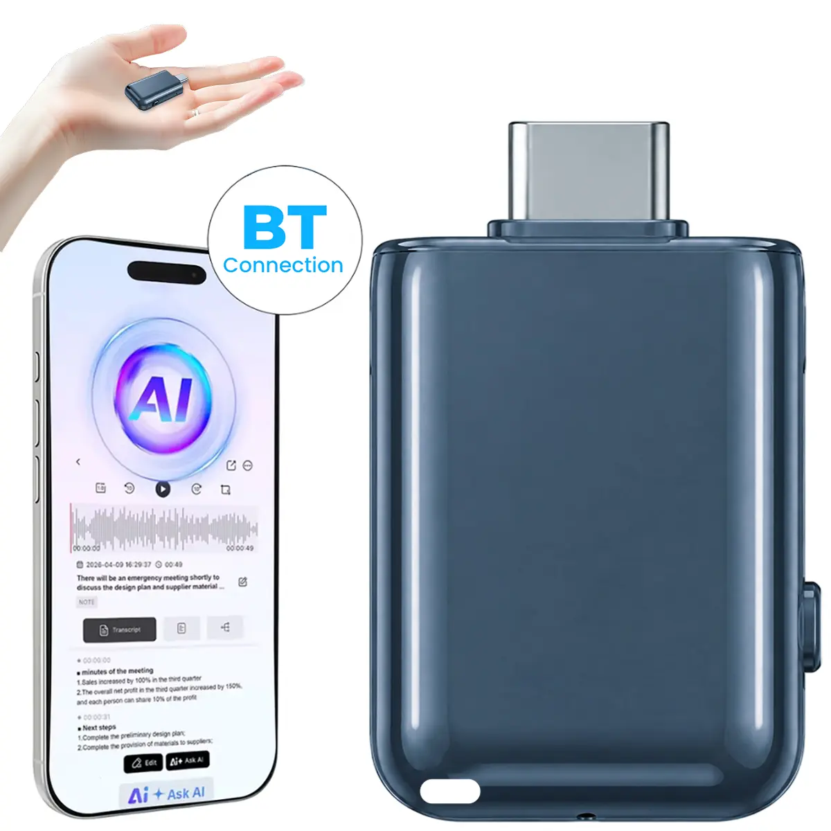Pocket AI Voice Recorder,Smart AI Note Taker, Real-Time Transcribe & Summarize, 200+ Languages Translation, HD Noise Reduction, APP Control,Long Battery, Portable AI Recorder for Business Meetings, Calls,Interviews, Lectures
