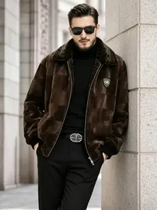 Men's Faux Fur Collared Jacket, Long Sleeve, Comfortable Wool Blend Lining, Fitted Plain Minimalist Casual Outerwear for Winter & Fall, Outdoor Activities, Fashionable and Cozy Men's Coat