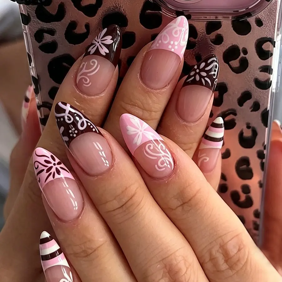24pcs Medium Almond Press on Nails Kit, Retro & French Tip, Flower & Swirl Art, Glossy, Durable, Y2K Style, Date Night & Casual Wear