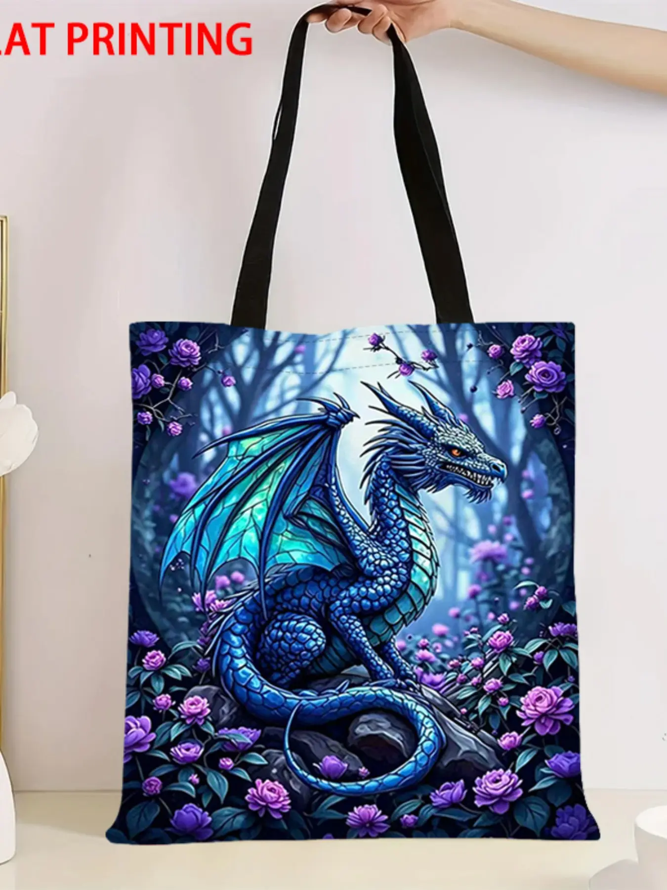 Blue Dragon Print Canvas Tote Bag, Fantasy Forest Floral Pattern, Large Capacity Shoulder Shopping Bag, Eco-Friendly Handbag, Daily Commute Travel Bag